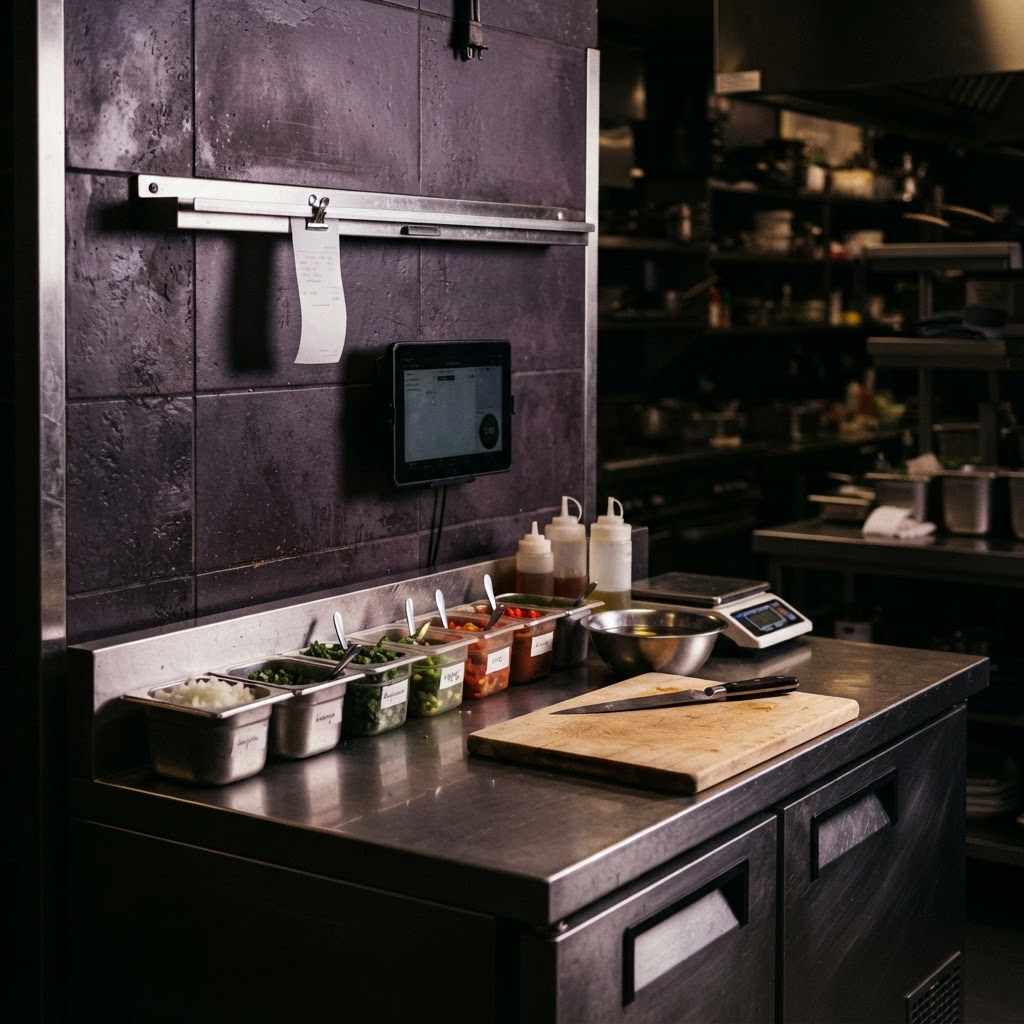 A small dark-kitchen prep station with a mounted order screen and organized mise-en-place